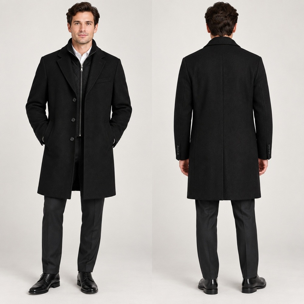 Banana Republic Car Coat Mens Large Black Wool Blend Quilted Bib Overcoat